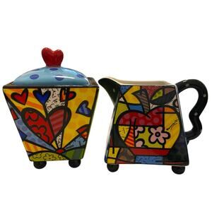 Romero Britto ~ Creamer & Sugar Set ~ A New Day ~ Heart and Apple ~ Ceramic